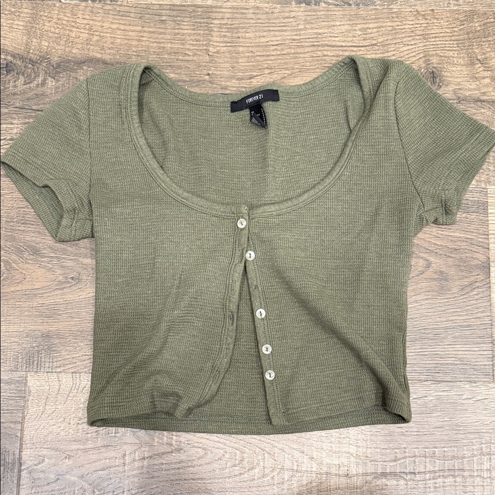 Forever 21 Olive Ribbed Button-Up Crop Top